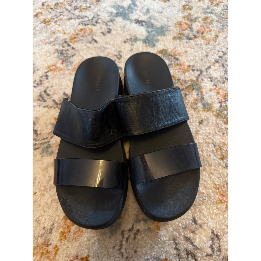 Vionic Karleen Black Leather Patent Platform Slide Sandals Womens 10 Orthotic